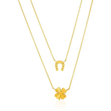 14k Yellow Gold Double-Strand Chain Necklace with Four-Leaf Clover and Horseshoe