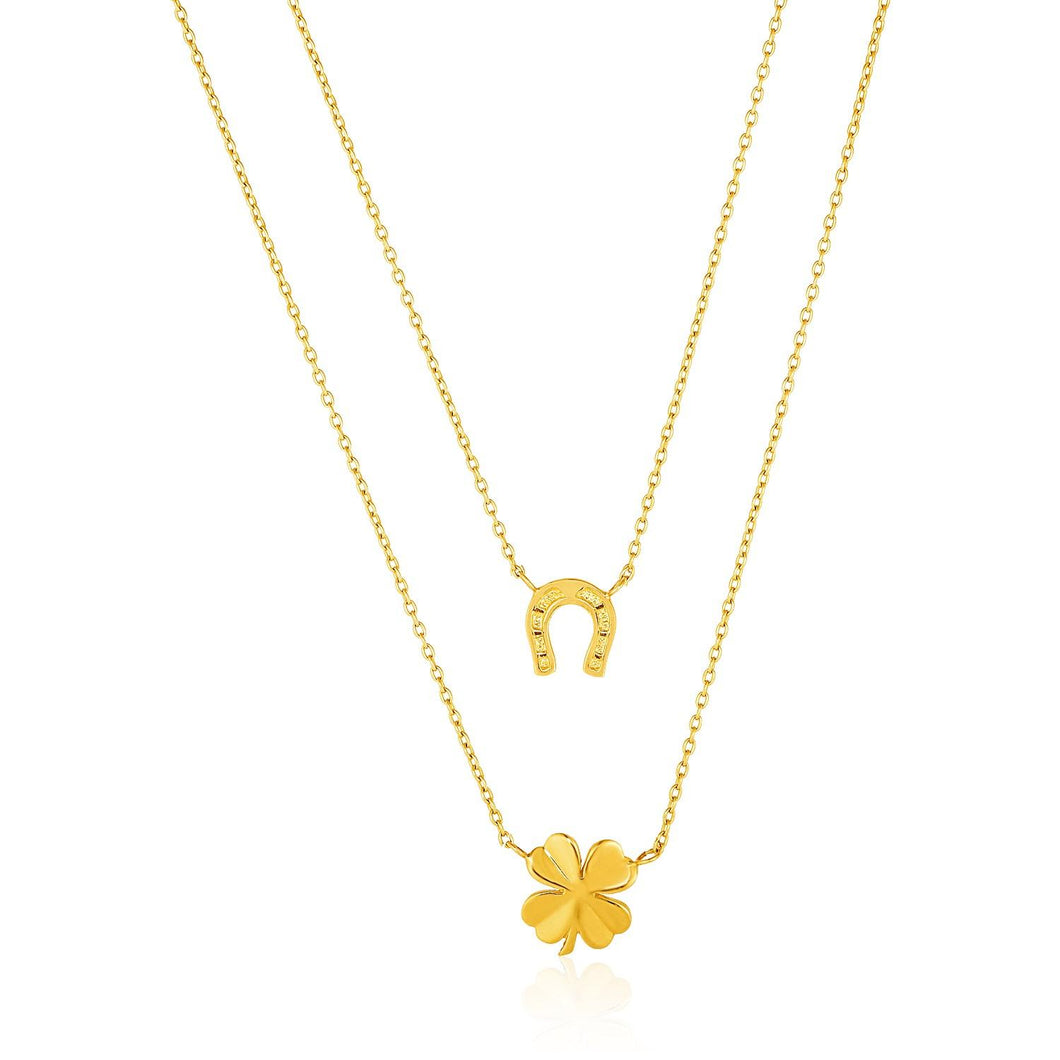 14k Yellow Gold Double-Strand Chain Necklace with Four-Leaf Clover and Horseshoe