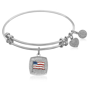 Expandable Bangle in White Tone Brass with American Flag Symbol