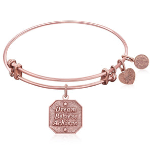 Expandable Bangle in Pink Tone Brass with Dream Believe Achieve Symbol