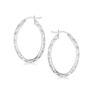 Sterling Silver Oval Woven Hoop Earrings with Rhodium Plating