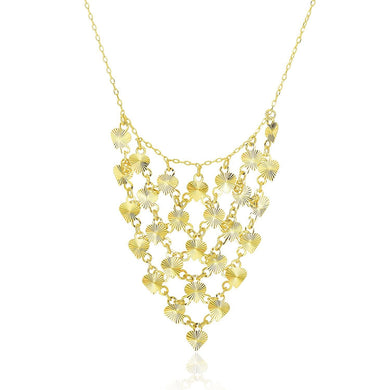 14k Yellow Gold Bib Style Textured Hearts Necklace