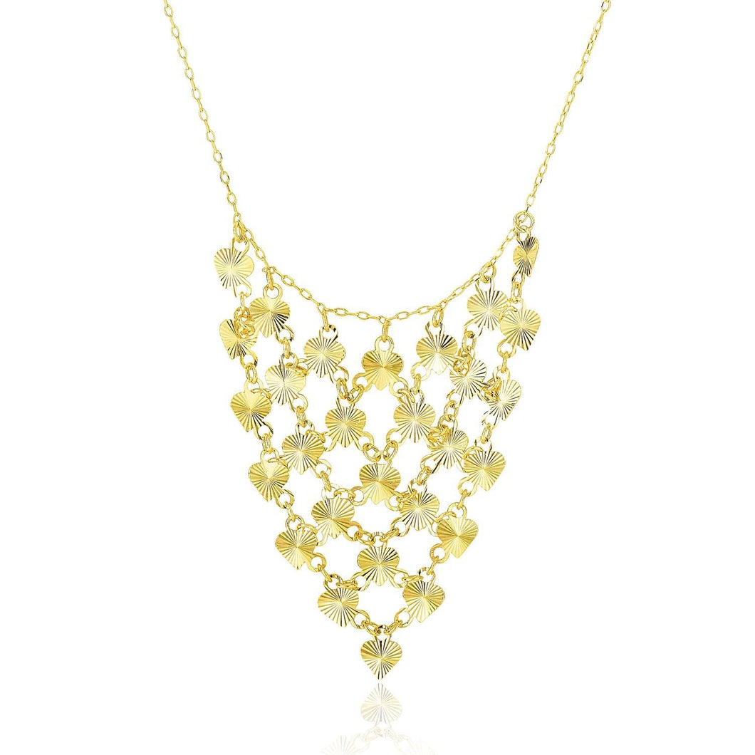 14k Yellow Gold Bib Style Textured Hearts Necklace