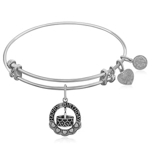 Expandable White Tone Brass Bangle with Happy Birthday Symbol