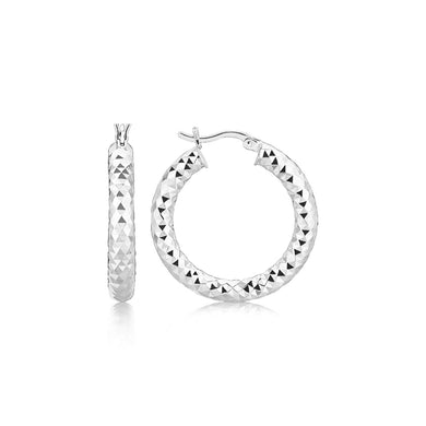 Sterling Silver Thick Rhodium Plated Faceted Design Hoop Earrings