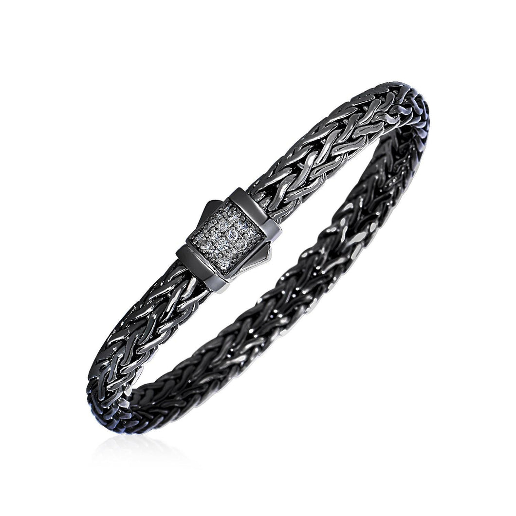 Woven Rope Bracelet with White Sapphire and Black Finish in Sterling Silver