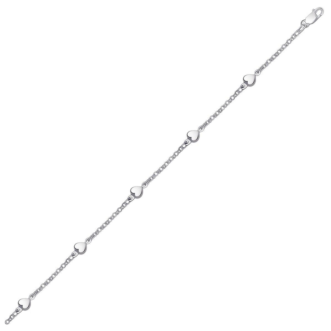 14k White Gold Rolo Chain Bracelet with Puffed Heart Stations