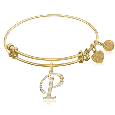 Expandable Yellow Tone Brass Bangle with P Symbol with Cubic Zirconia