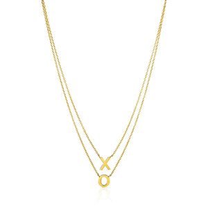 14k Yellow Gold Double-Strand Chain Necklace with"X" and"O"