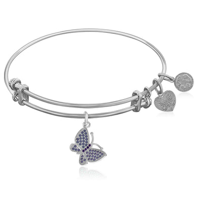 Expandable White Tone Brass Bangle with Purple CZ Butterfly Symbol