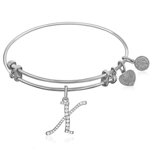 Expandable White Tone Brass Bangle with X Symbol with Cubic Zirconia