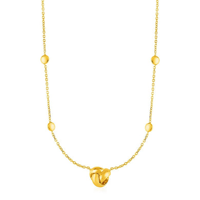 Station Necklace with Love Knot and Round Beads in 14k Yellow Gold