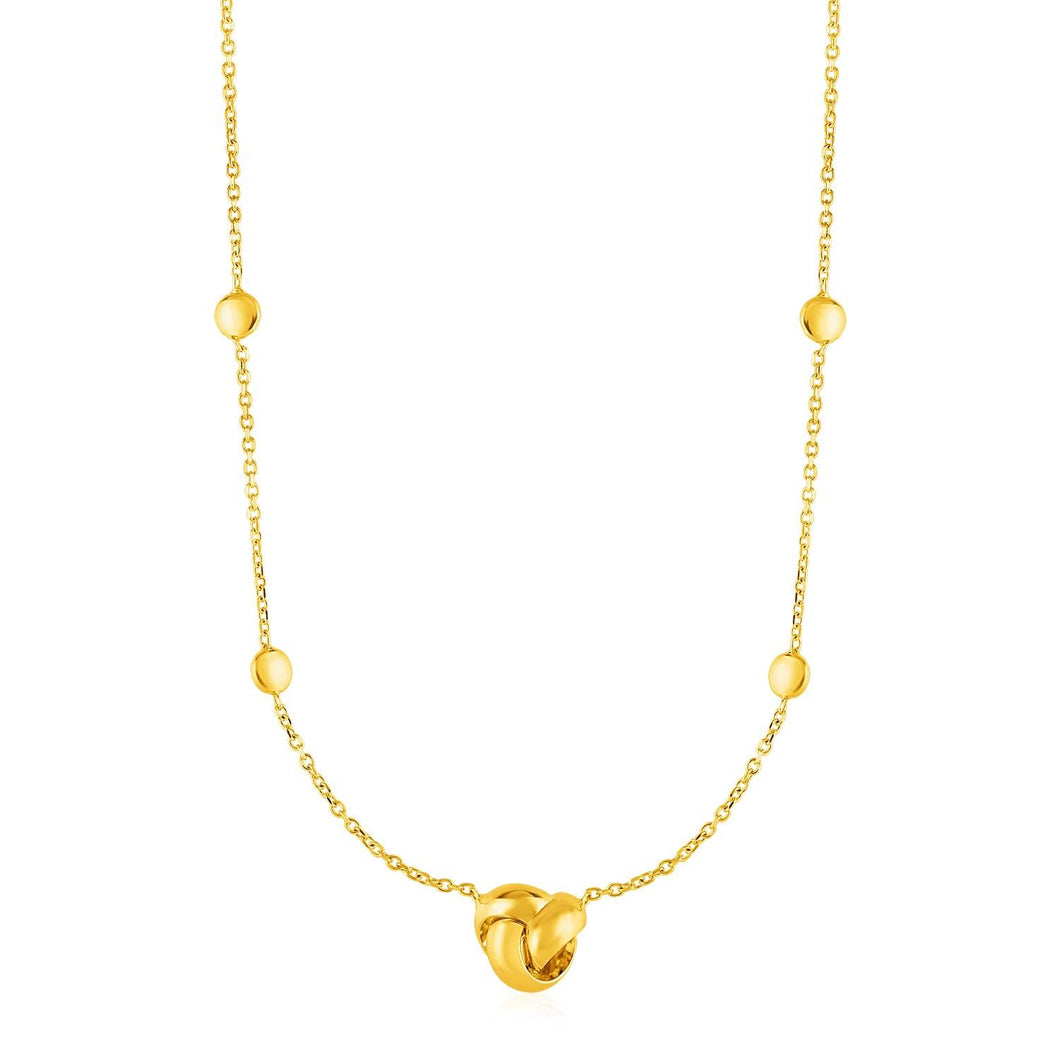 Station Necklace with Love Knot and Round Beads in 14k Yellow Gold