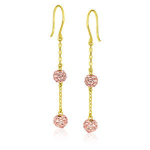 14k Yellow Gold Dangling Pink Tone Crystal Ball Earrings