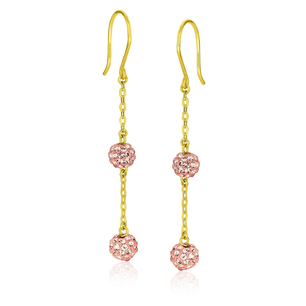 14k Yellow Gold Dangling Pink Tone Crystal Ball Earrings