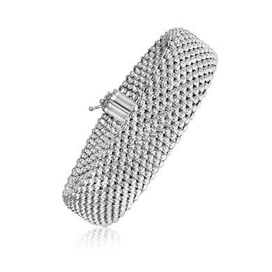 Sterling Silver Flat Design Mesh Bracelet with Rhodium Plating