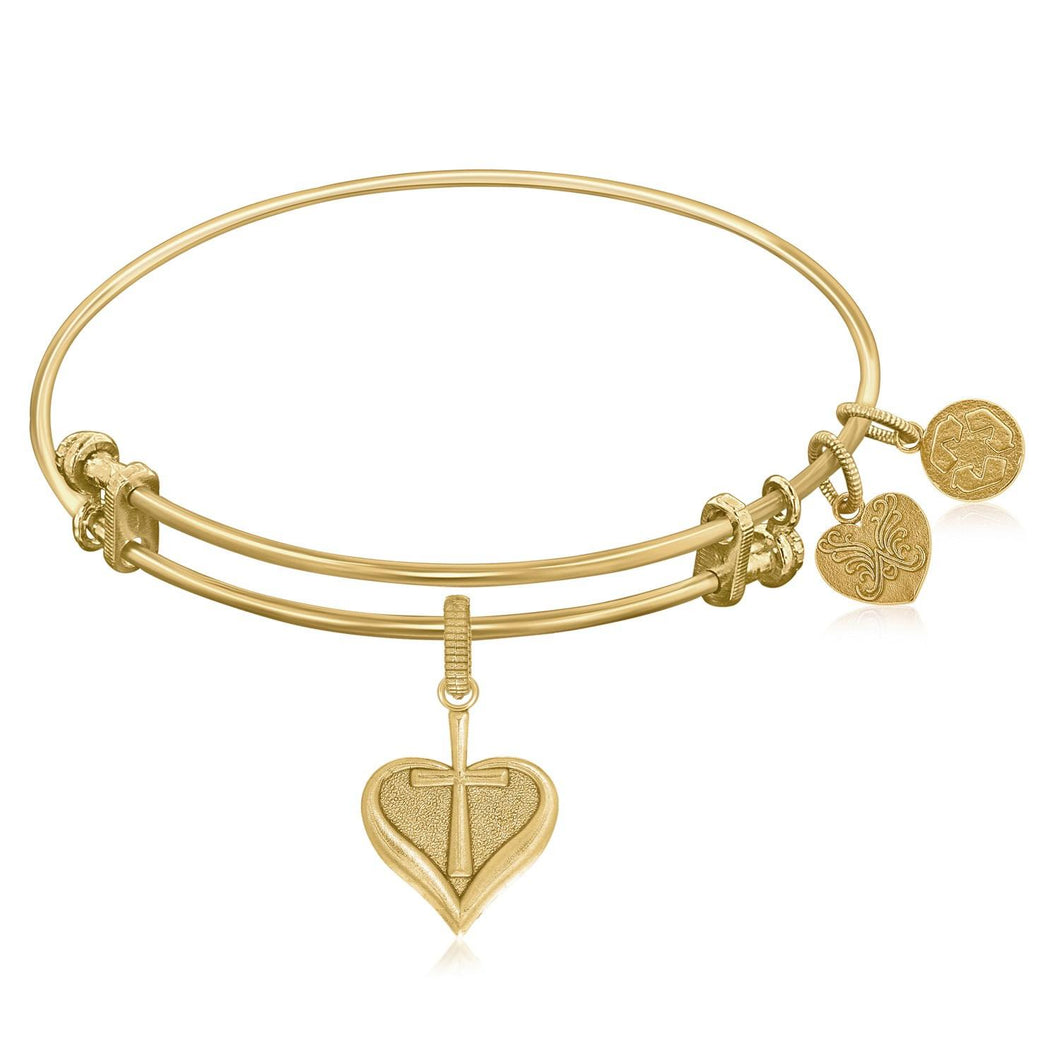 Expandable Bangle in Yellow Tone Brass with Heart With Cross Symbol