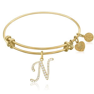 Expandable Yellow Tone Brass Bangle with N Symbol with Cubic Zirconia