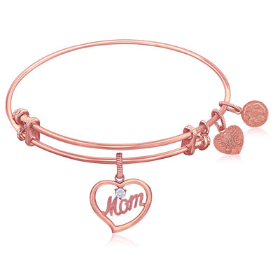 Expandable Pink Tone Brass Bangle with Mom In Heart Symbol