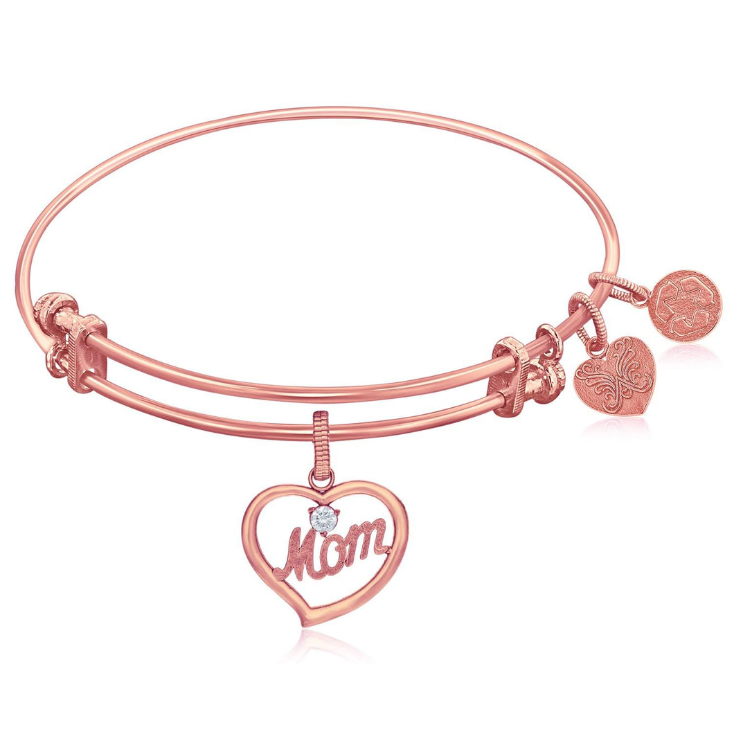 Expandable Pink Tone Brass Bangle with Mom In Heart Symbol