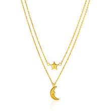 14k Yellow Gold Double-Strand Chain Necklace with Puff Moon and Star