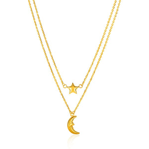 14k Yellow Gold Double-Strand Chain Necklace with Puff Moon and Star