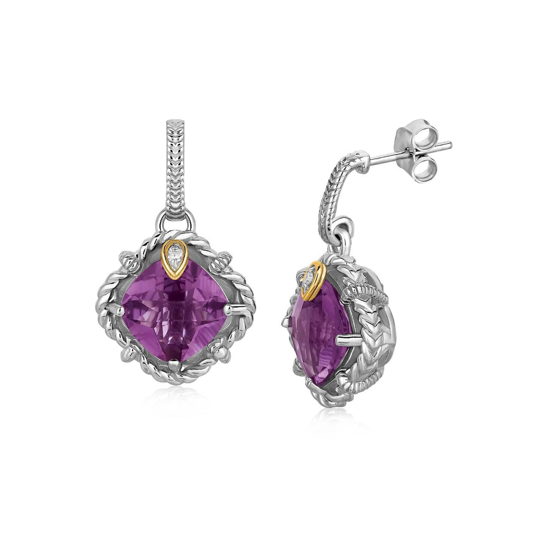 18k Yellow Gold and Sterling Silver Cushion Amethyst and Diamond Earrings