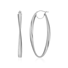 14k White Gold Twist Motif Oval Shape Hoop Earrings