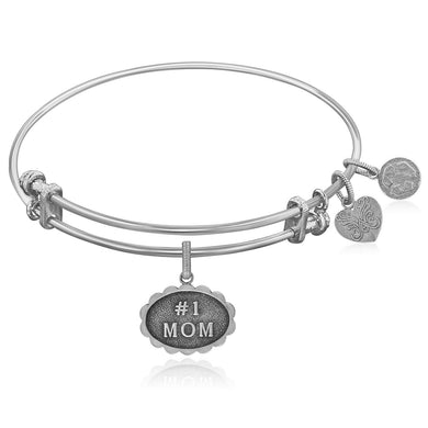 Expandable White Tone Brass Bangle with #1 Mom Symbol