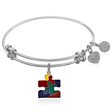 Expandable White Tone Brass Bangle with Autism Awareness Enamel Symbol