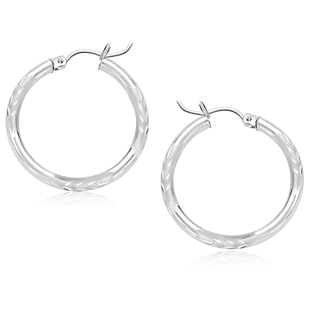 14k White Gold Diamond Cut Hoop Earrings (25 mm)