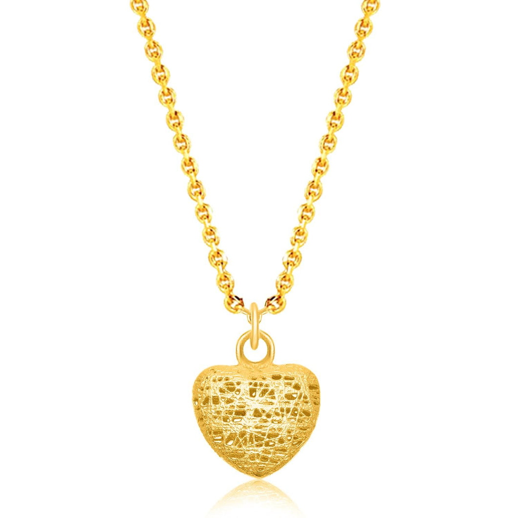 14k Yellow Gold Lace Design Puffed Heart Pendant