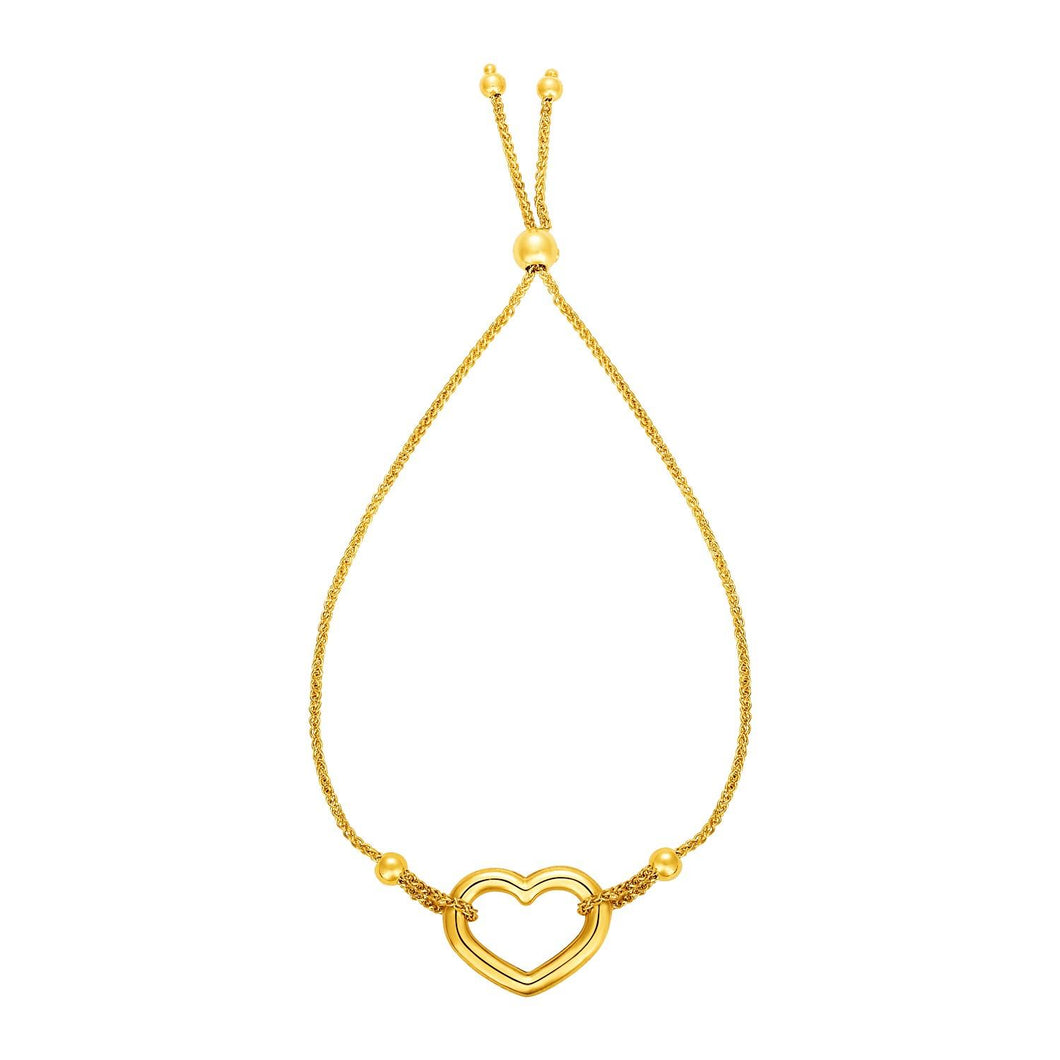 Adjustable Bracelet with Shiny Open Heart in 14k Yellow Gold