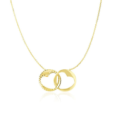 14k Yellow Gold Necklace with Interlaced Heart Design Round Charms