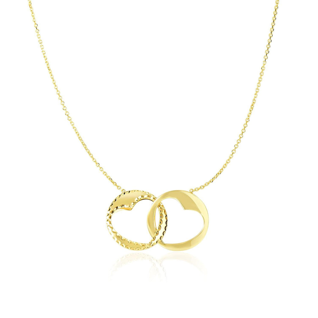 14k Yellow Gold Necklace with Interlaced Heart Design Round Charms