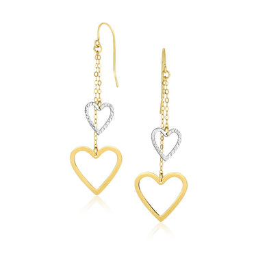 14k Two-Tone Gold Cutout Heart Chain Dangling Earrings