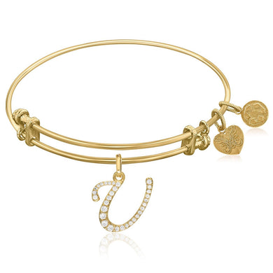 Expandable Yellow Tone Brass Bangle with U Symbol with Cubic Zirconia