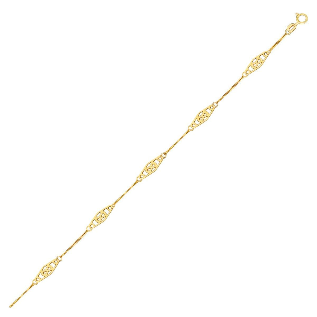 14k Yellow Gold Anklet with Fancy Diamond Shape Filigree Stations