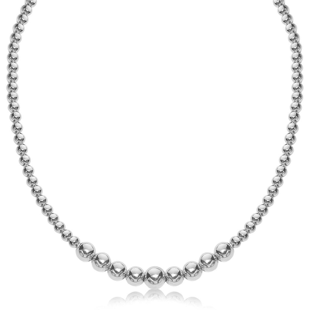 Sterling Silver Rhodium Plated Graduated Motif Polished Bead Necklace