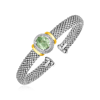 Textured Cuff with Oval Green Amethyst in Sterling Silver and 18k Yellow Gold