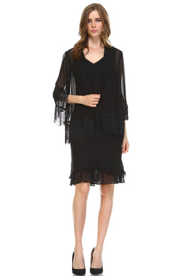 SLNY Chiffon Dress with Sheer Fringe Chiffon Cardigan -  - 1