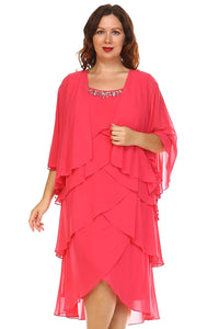 SLNY Plus Gem Stone Neckline Dress with Chiffon Cardigan