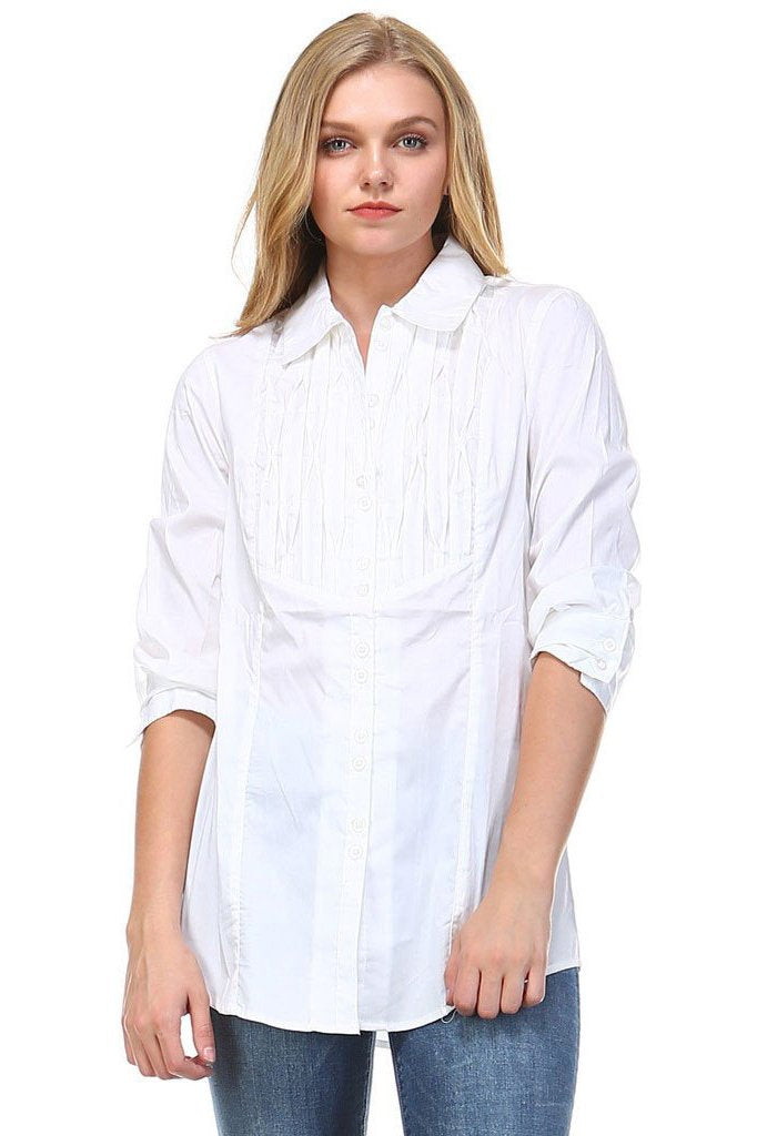Women's 3/4 Three Quarter Sleeve Button Down Pleated Detail Top