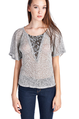 Christine V Semi-Sheer Embellished Flutter Sleeve Top