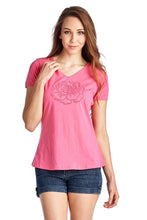Christine V Short Sleeve Rose Embroidered V-Neck Tee