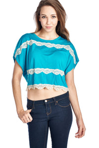 Women's Short Wing Keyhole Back Top with Lace Trim