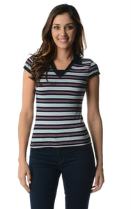 Women's Cap Sleeve Jersey Stripe Collar V Tee