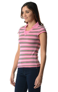 Women's Cap Sleeve Jersey Stripe Collar V Tee