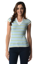 Women's Cap Sleeve Jersey Stripe Collar V Tee