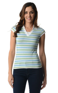 Women's Cap Sleeve Jersey Stripe Collar V Tee